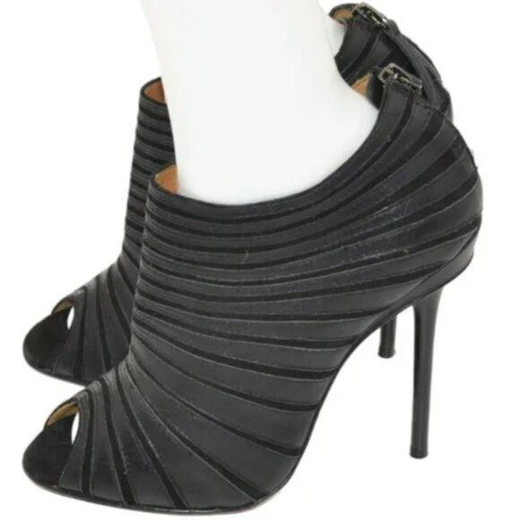 L.A.M.B. Stefani Y2K Black Leather Stiletto Peep Open Toe Booties Boots Heel 8.5 - Picture 4 of 11